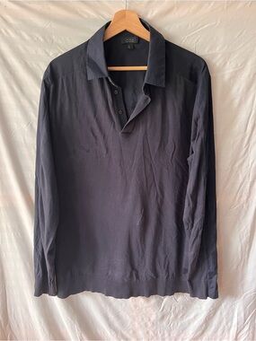 COS Men's Long-Sleeve Mixed Media Polo Shirt in Black (Large)